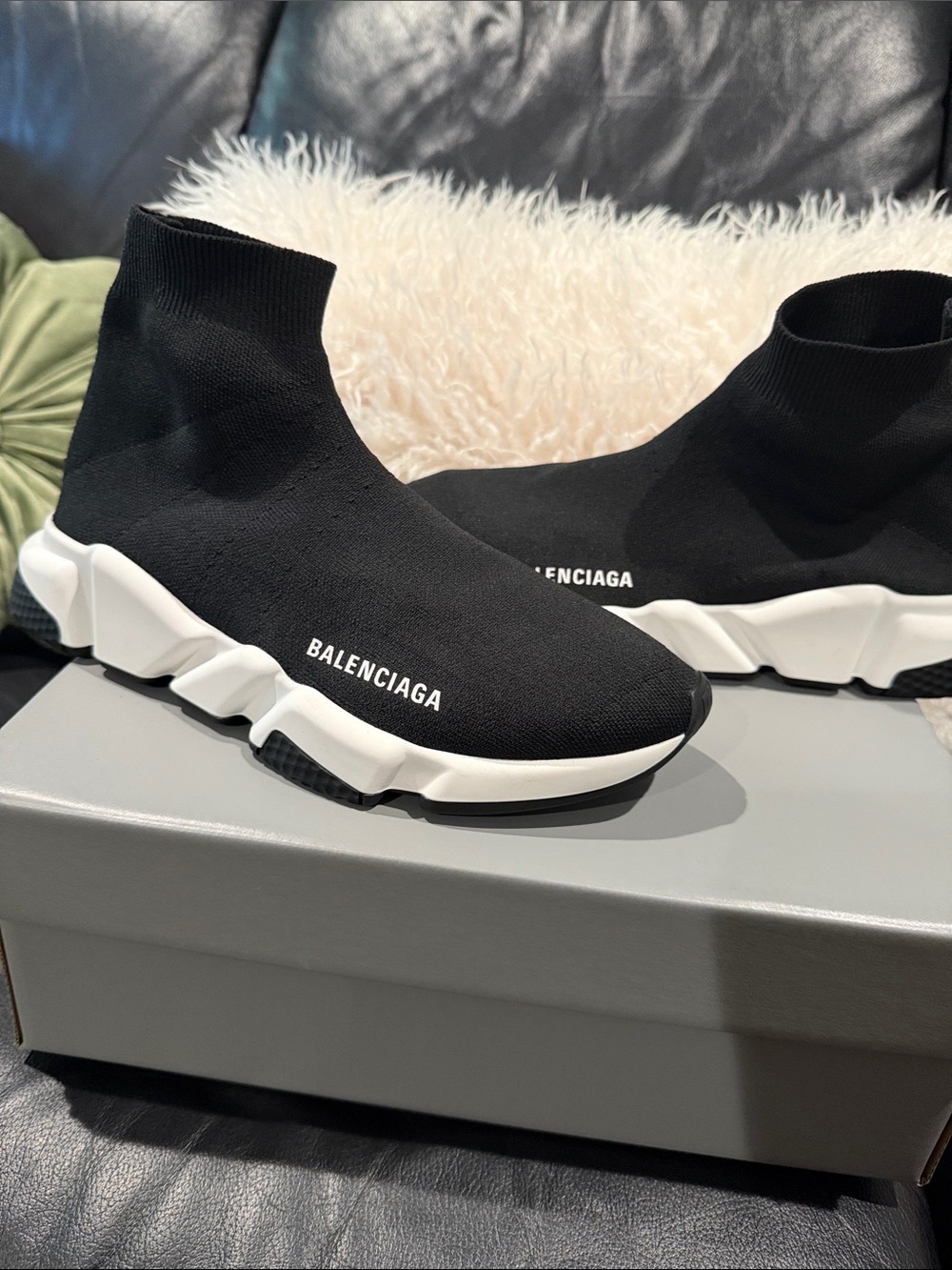 Balenciaga Black Knit Sock Sneakers with White Sculpted Sole